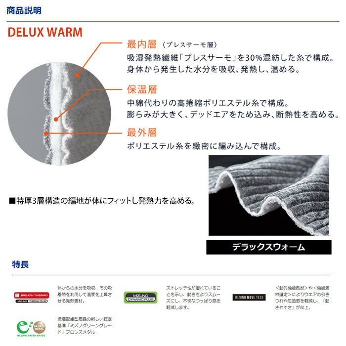 ミズノ MIZUNO　メンズ バイオギア ブレスサーモ デラックスウォーム 長袖 クルーネック インナーシャツ 52MJ0505　2020年モデル 詳細3