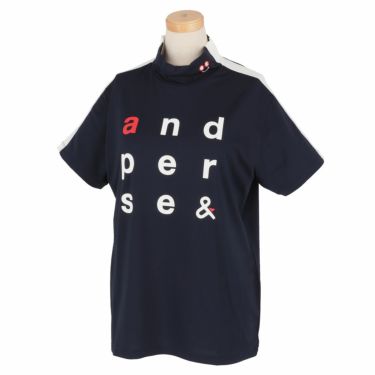 アンパスィ and per se　レディース ロゴプリント 袖ライン 半袖 モックネックシャツ AFS9501V2　2021年モデル ネイビー（30）