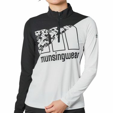 マンシングウェア Munsingwear　レディース カラーブロック ストレッチ 長袖 ハーフジップシャツ MEWRJB04　2021年モデル ホワイト×ブラック（WHBK）