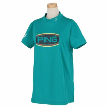 ピン PING　レディース ロゴデザイン ストレッチ 半袖 ハイネックシャツ 622-2168400　2022年モデル ターコイズ（111）