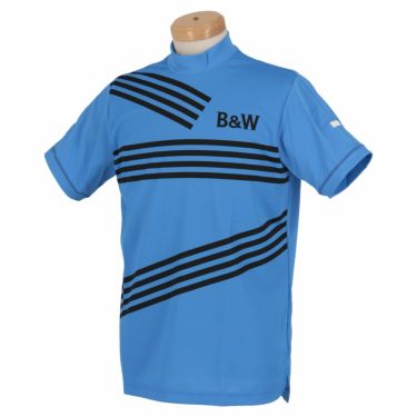 ブラック＆ホワイト Black＆White　ホワイトライン メンズ ロゴプリント クレイジーボーダー 半袖 モックネックシャツ BGS9502WG　2022年モデル ブルー（36）