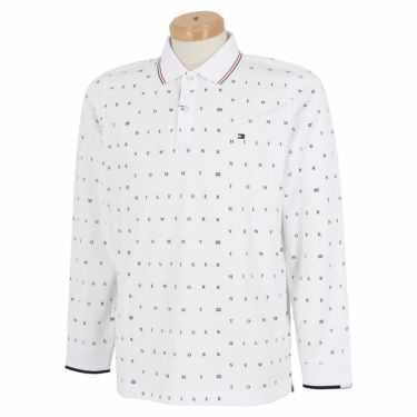 トミー ヒルフィガー ゴルフ　メンズ 総柄プリント ロゴボーダー ライン使い 長袖 ポロシャツ THMA267　2022年モデル ホワイト（00）