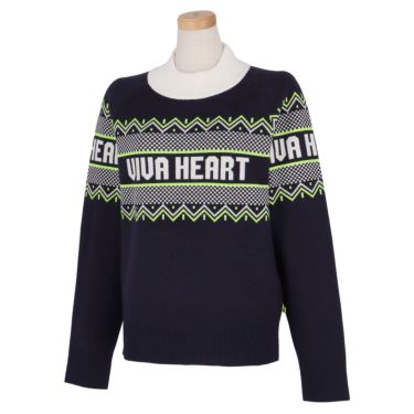 ビバハート VIVA HEART　レディース ロゴジャガード フェアアイル柄 長袖 モックネック セーター 012-17010　2022年モデル ネイビー（98）
