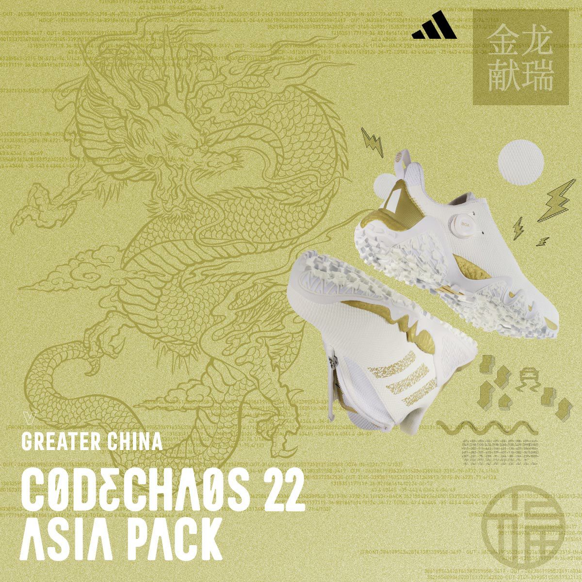 アディダス adidas　コードカオス22 ボア ASIA PACK GREATER CHINAモデル　ゴルフシューズ LYQ65 IE1498　2023年モデル フットウェアホワイト/ゴールドメタリック/クリスタルホワイト