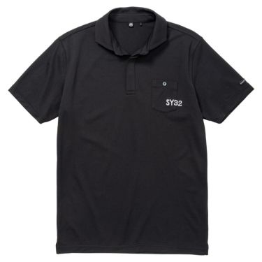 SY32 by SWEET YEARS　メンズ ロゴ刺繍 胸ポケット付き 半袖 スキッパーカラー ポロシャツ SYG-23S27　2023年モデル ブラック（001）