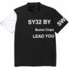 SY32 by SWEET YEARS　メンズ ロゴデザイン 配色切替 ストレッチ 半袖 モックネックシャツ SYG-23S38　2023年モデル ブラック（001）