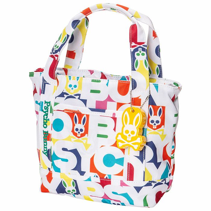 サイコバニー PsychoBunny　ロゴ刺繍 総柄プリント チャーム付き ラウンド トートバッグ PBMG3SB9 00 ホワイト　2023年モデル ホワイト（00）