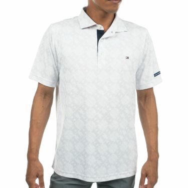 トミー ヒルフィガー ゴルフ　メンズ ワッペン 総柄 ロゴプリント 半袖 ポロシャツ THMA304　2023年モデル ホワイト（00）