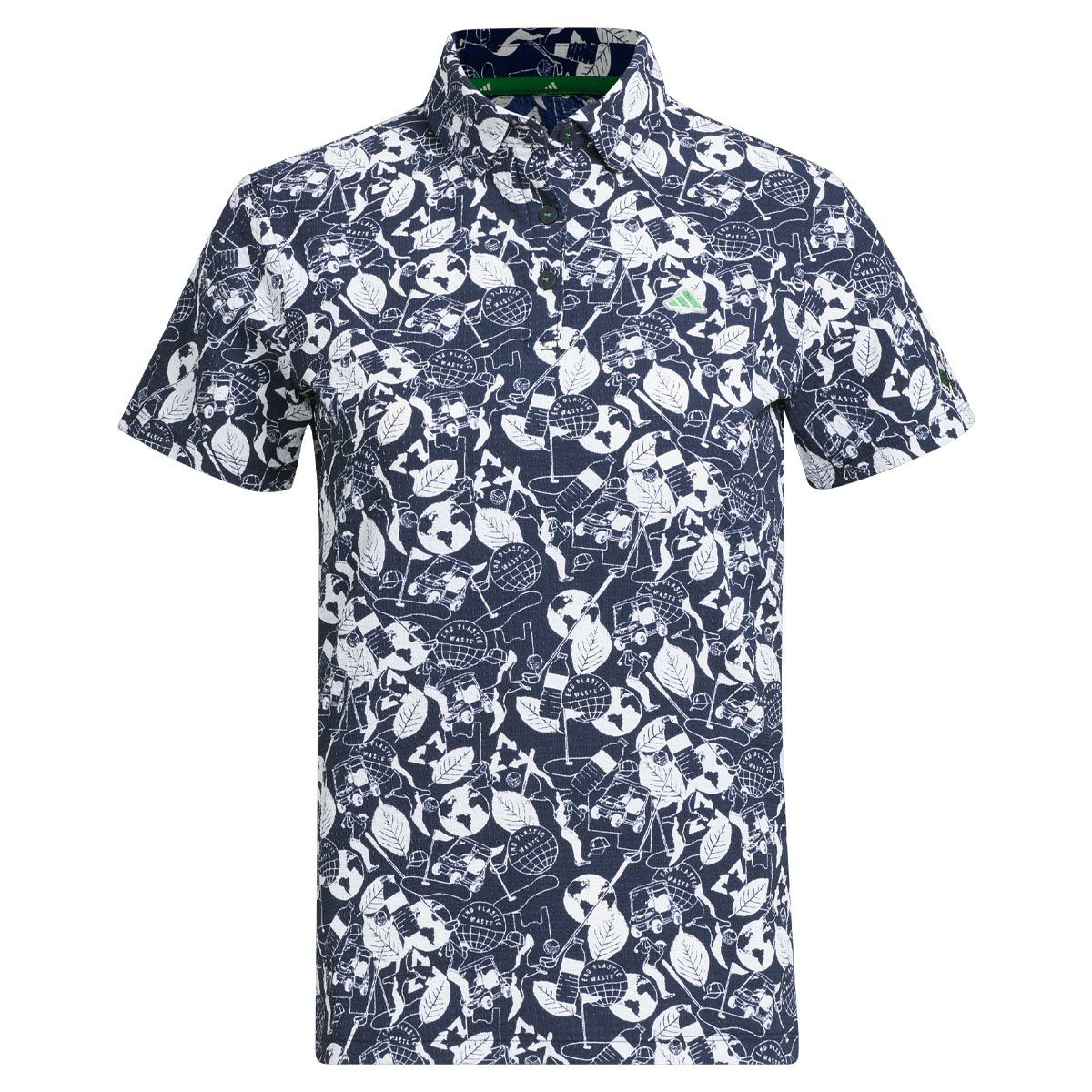 アディダス adidas　レディース PLAY GREEN サッカー生地 総柄 半袖 ボタンダウン ポロシャツ NMJ60　2023年モデル ネイビー/ホワイト（HS9026）