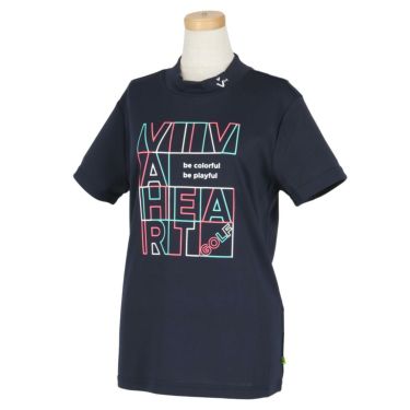 ビバハート VIVA HEART　レディース ラインボックスロゴプリント 鹿の子 半袖 モックネックシャツ 012-28343　2023年モデル ネイビー（98）