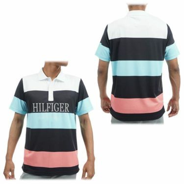 トミー ヒルフィガー ゴルフ　メンズ ロゴプリント マルチボーダー柄 半袖 ポロシャツ THMA329　2023年モデル 詳細3