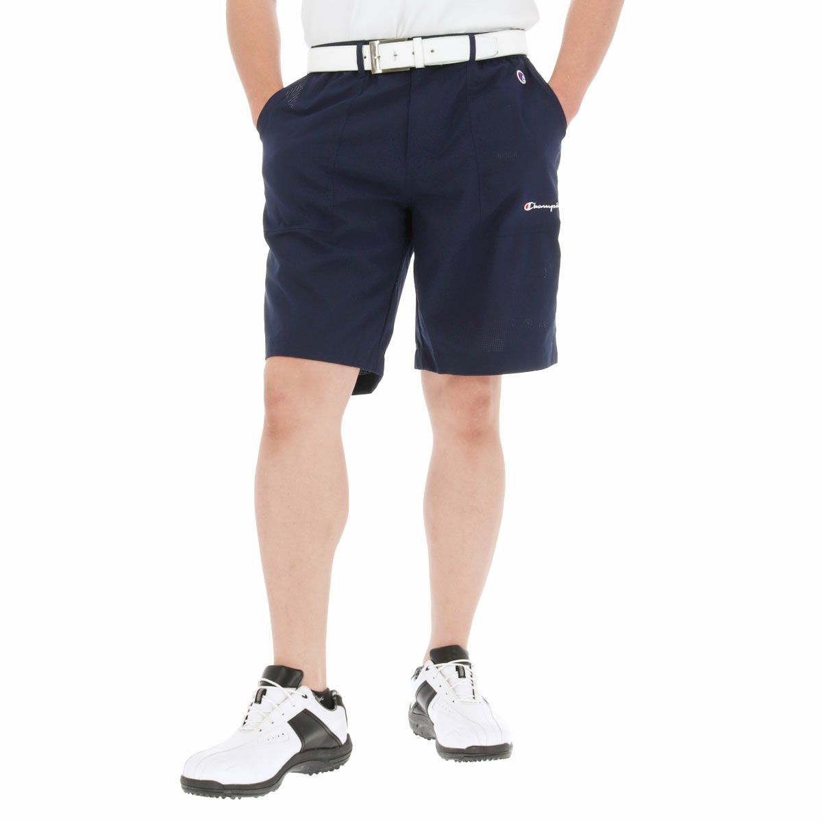 チャンピオンゴルフ ChampionGOLF　メンズ 撥水 ロゴデザイン メッシュ調生地 ストレッチ ショートパンツ C3-XG503　2023年モデル ネイビー（370）