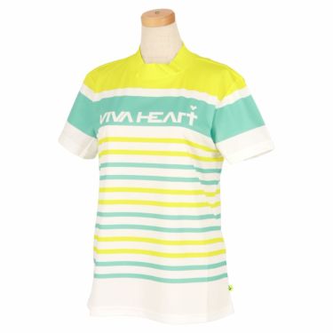 ビバハート VIVA HEART　レディース ロゴデザイン ボーダー柄 ストレッチ 半袖 モックネックシャツ 012-28443　2023年モデル イエロー（32）