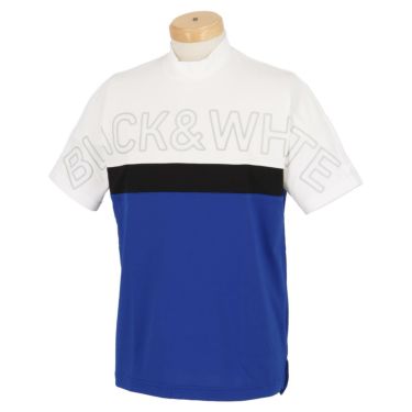 ブラック＆ホワイト Black＆White　ホワイトライン メンズ ビッグロゴプリント 配色切替 半袖 モックネックシャツ BGS9603WM　2023年モデル ブルー×ホワイト（32）