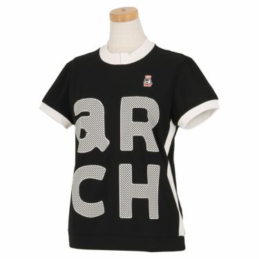 アルチビオ archivio　レディース 格子柄ロゴプリント メッシュ切替 バイカラー 半袖 モックネック プルオーバー A259601　2023年モデル ブラック（101）