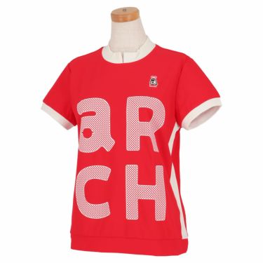 アルチビオ archivio　レディース 格子柄ロゴプリント メッシュ切替 バイカラー 半袖 モックネック プルオーバー A259601　2023年モデル レッド（120）