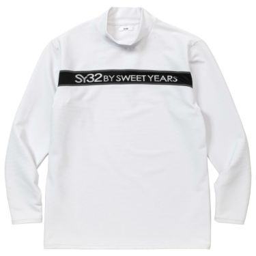 SY32 by SWEET YEARS　メンズ ロゴプリント ピンボーダー ストレッチ 長袖 モックネックシャツ SYG-23A10　2023年モデル ホワイト（002）