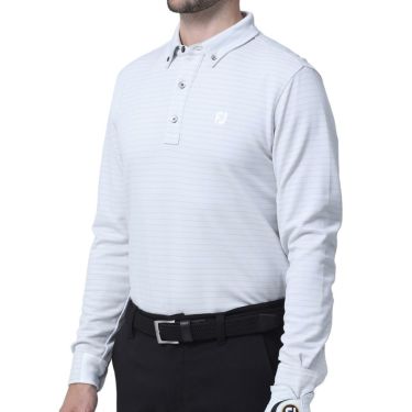 フットジョイ FootJoy　メンズ ロゴ刺繍 ボーダー バーズアイジャカード 長袖 ボタンダウン ポロシャツ FJ-F23-S06　2023年モデル ホワイト（81071）