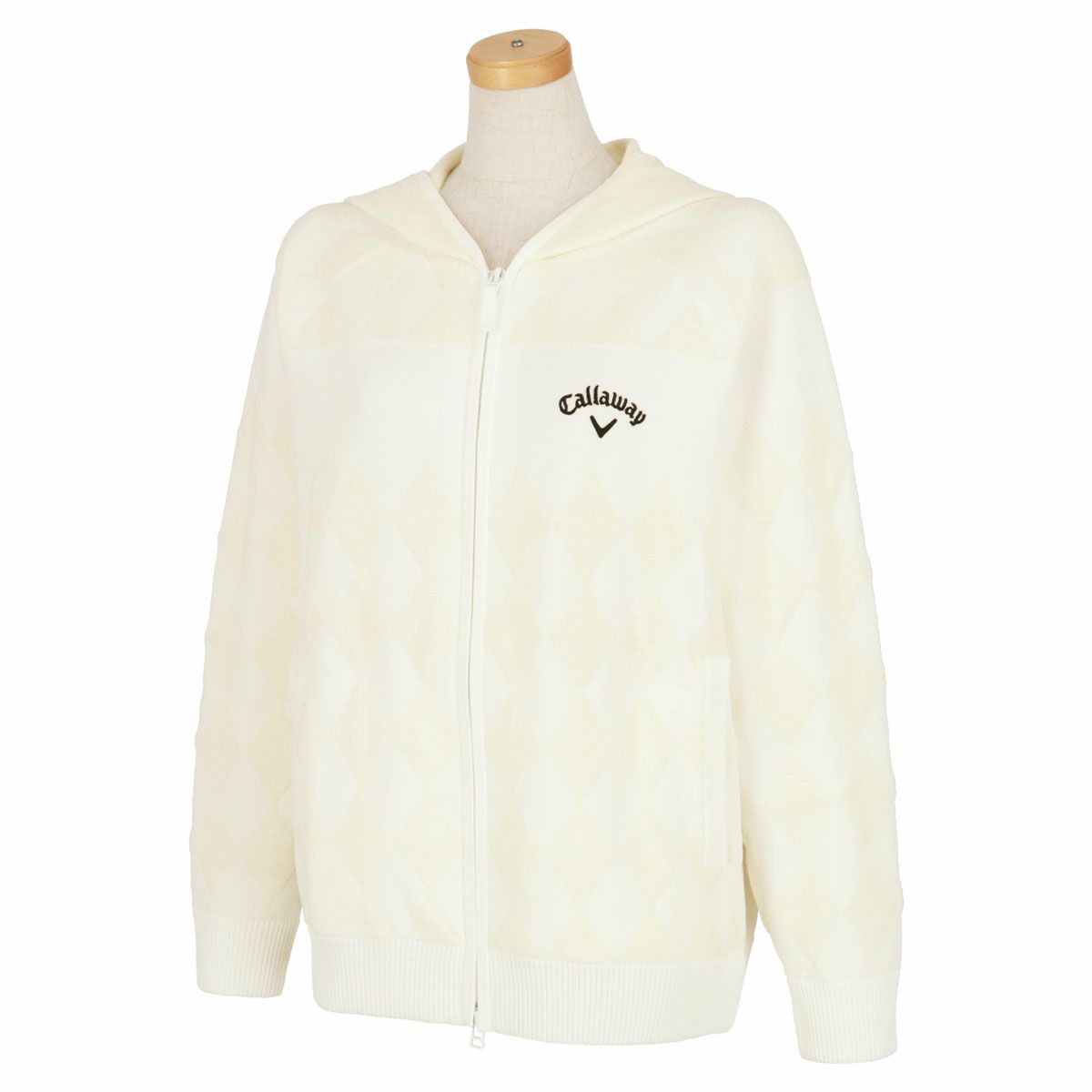 キャロウェイ Callaway　レディース ロゴ刺繍 ダイヤ柄 長袖 ニット フルジップ フーディー C23218206　2023年モデル ホワイト（1030）