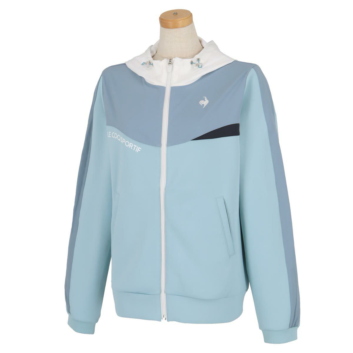 ルコック Le coq sportif　レディース ロゴデザイン 配色切替 ストレッチ 長袖 ハイブリッド フルジップ フーディー QGWWJL50　2023年モデル ブルー（BL00）