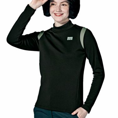 マンシングウェア Munsingwear　レディース ロゴプリント 配色切替 ストレッチ 長袖 モックネックシャツ MEWWJB06　2023年モデル ブラック（BK00）