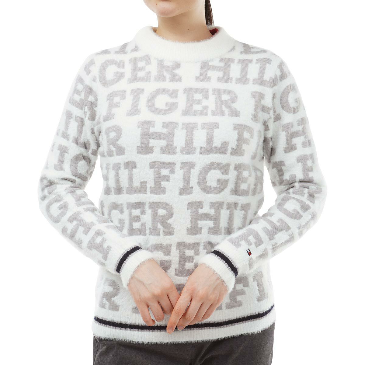 トミー ヒルフィガー ゴルフ　レディース シャギーニット ロゴジャガード 総柄 長袖 ボトルネック セーター THLA377　2023年モデル ホワイト（00）