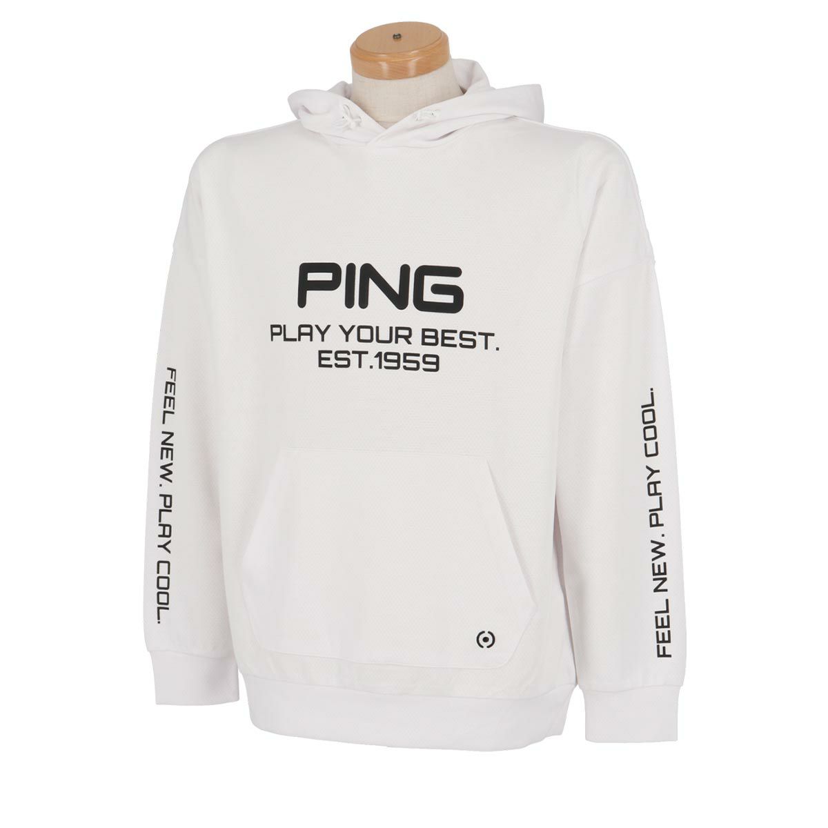 ピン PING　メンズ ロゴプリント ダンボールニット 長袖 ドロップショルダー プルオーバー フーディー 621-4162105　2024年モデル ホワイト（030）