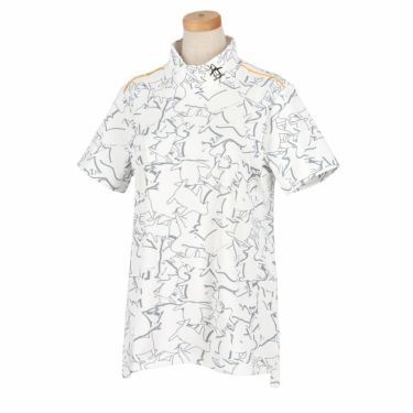 マンシングウェア Munsingwear　レディース ロゴ刺繍 ペンギンモチーフ 総柄プリント ストレッチ 半袖 ハイネックシャツ MEWXJA02　2024年モデル ホワイト（WH00）