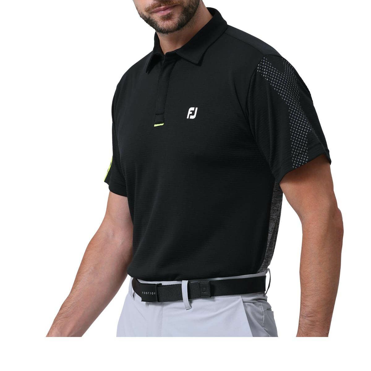 フットジョイ FootJoy　メンズ ロゴデザイン エックスプリント 生地切替 半袖 ポロシャツ FJ-S24-S01　2024年モデル ブラック（81796）