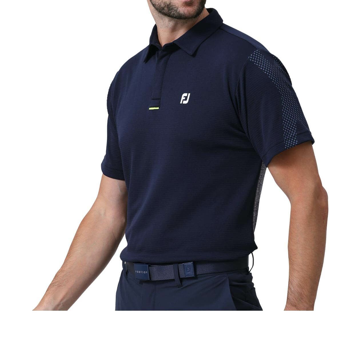 フットジョイ FootJoy　メンズ ロゴデザイン エックスプリント 生地切替 半袖 ポロシャツ FJ-S24-S01　2024年モデル ネイビー（81794）