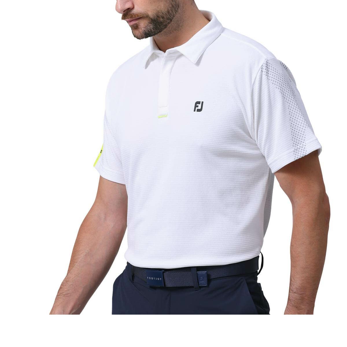フットジョイ FootJoy　メンズ ロゴプリント エックスブロック 生地切替 ストレッチ 半袖 モックネックシャツ FJ-S24-S04　2024年モデル ホワイト（81799）