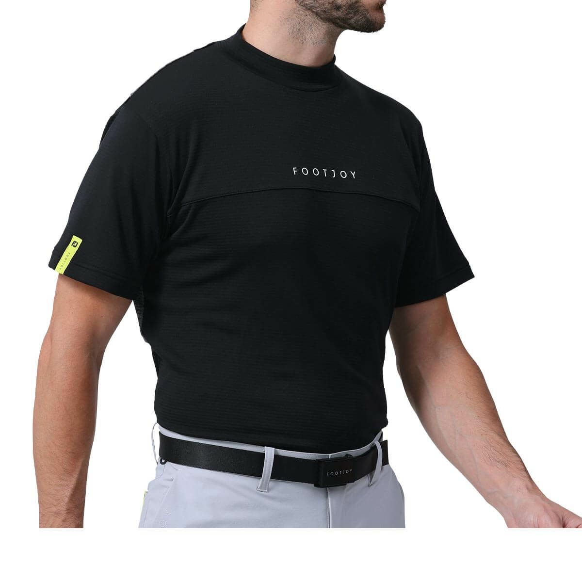 フットジョイ FootJoy　メンズ ロゴプリント エックスブロック 生地切替 ストレッチ 半袖 モックネックシャツ FJ-S24-S04　2024年モデル ブラック（81800）