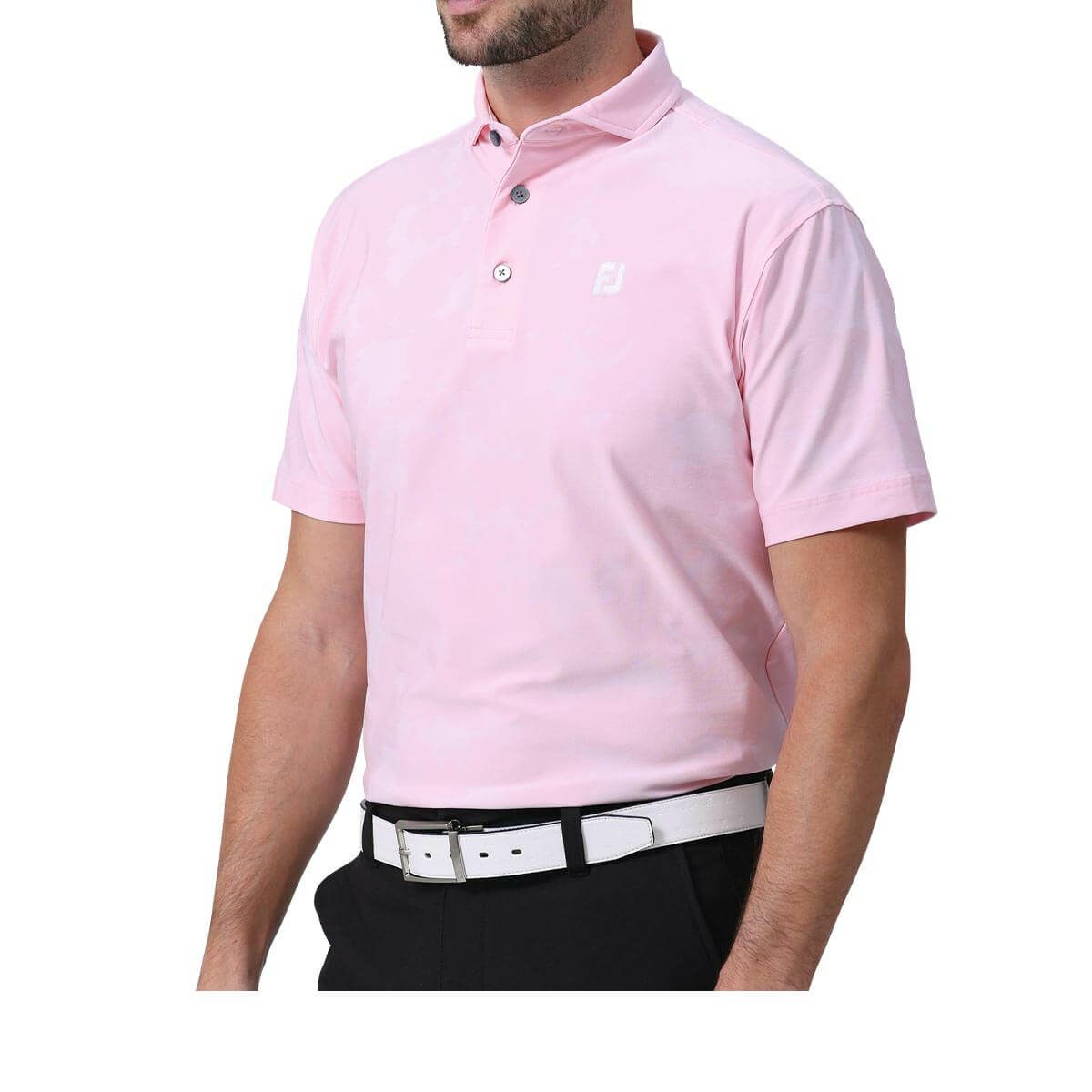 フットジョイ FootJoy　メンズ ロゴ刺繍 フローラルカモジャカード 4WAYストレッチ 半袖 ワイドカラー ポロシャツ FJ-S24-S22　2024年モデル ライトピンク（81781）