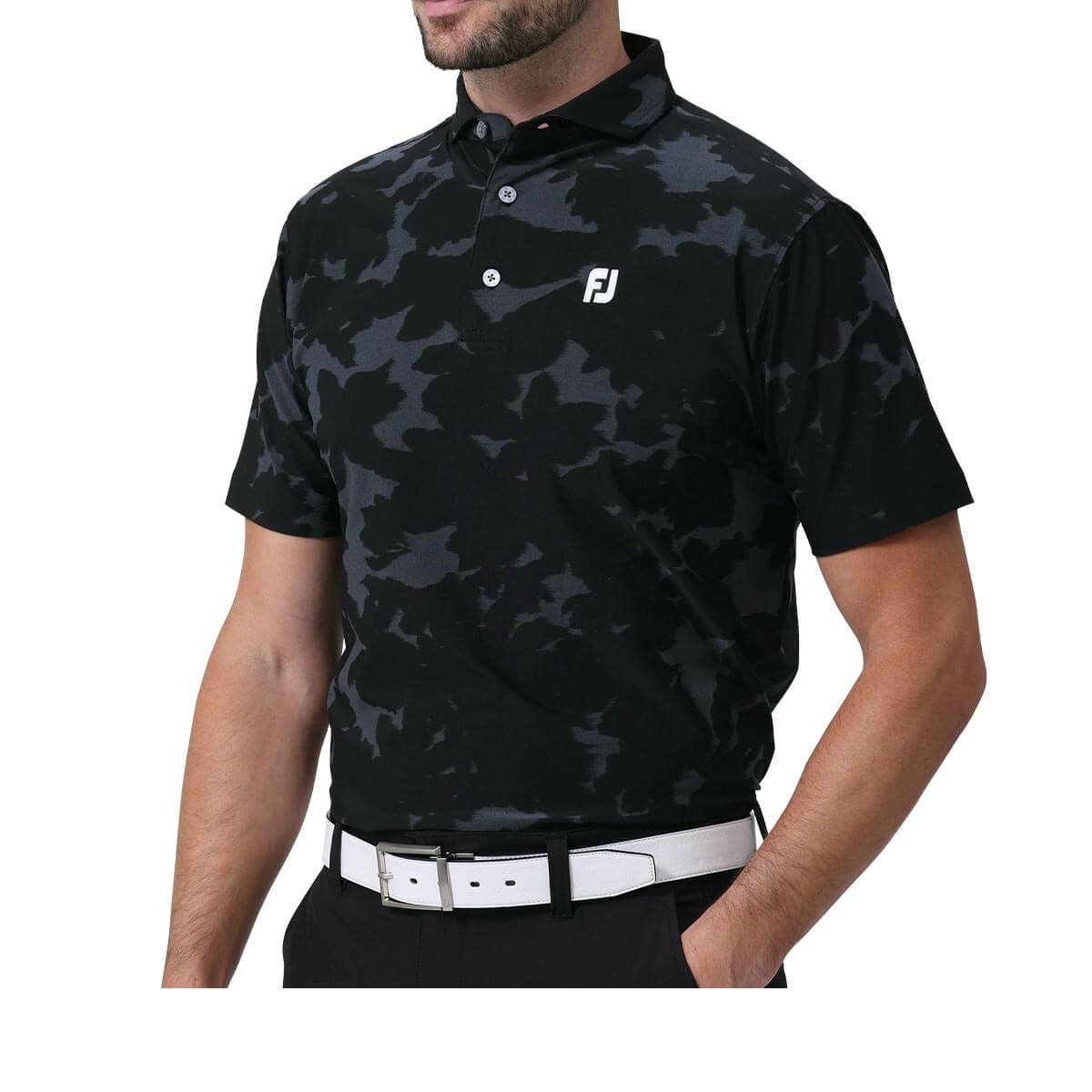 フットジョイ FootJoy　メンズ ロゴ刺繍 フローラルカモジャカード 4WAYストレッチ 半袖 ワイドカラー ポロシャツ FJ-S24-S22　2024年モデル ブラック（81784）