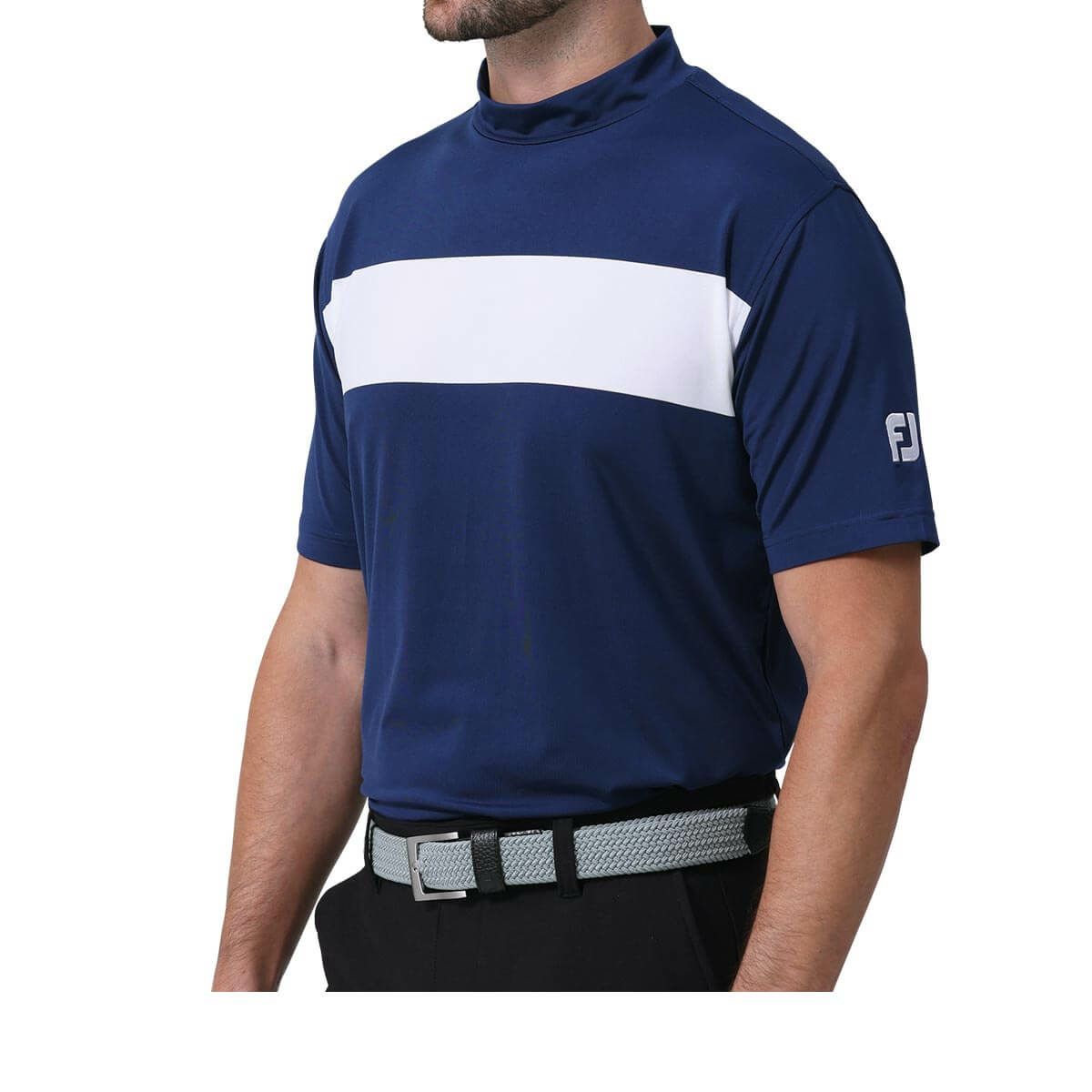 フットジョイ FootJoy　メンズ ロゴ刺繍 配色ライン 4WAYストレッチ 半袖 モックネックシャツ FJ-S24-S23　2024年モデル ネイビー（81775）