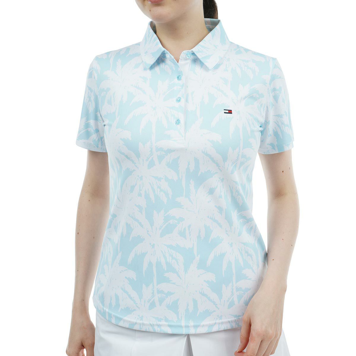 トミー ヒルフィガー ゴルフ　レディース 総柄プリント パームツリー 半袖 ポロシャツ THLA432　2024年モデル サックス（39）