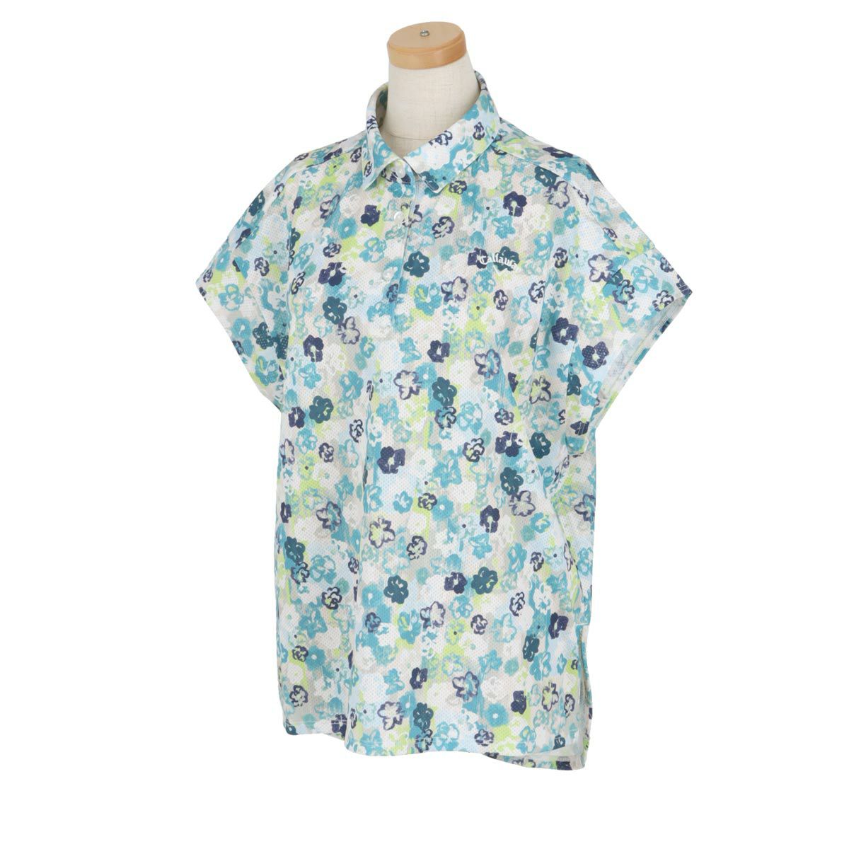 キャロウェイ Callaway　レディース 鹿の子 小花柄プリント メッシュ生地 バンドスリーブ ポロシャツ C24134217　2024年モデル ブルー（1110）