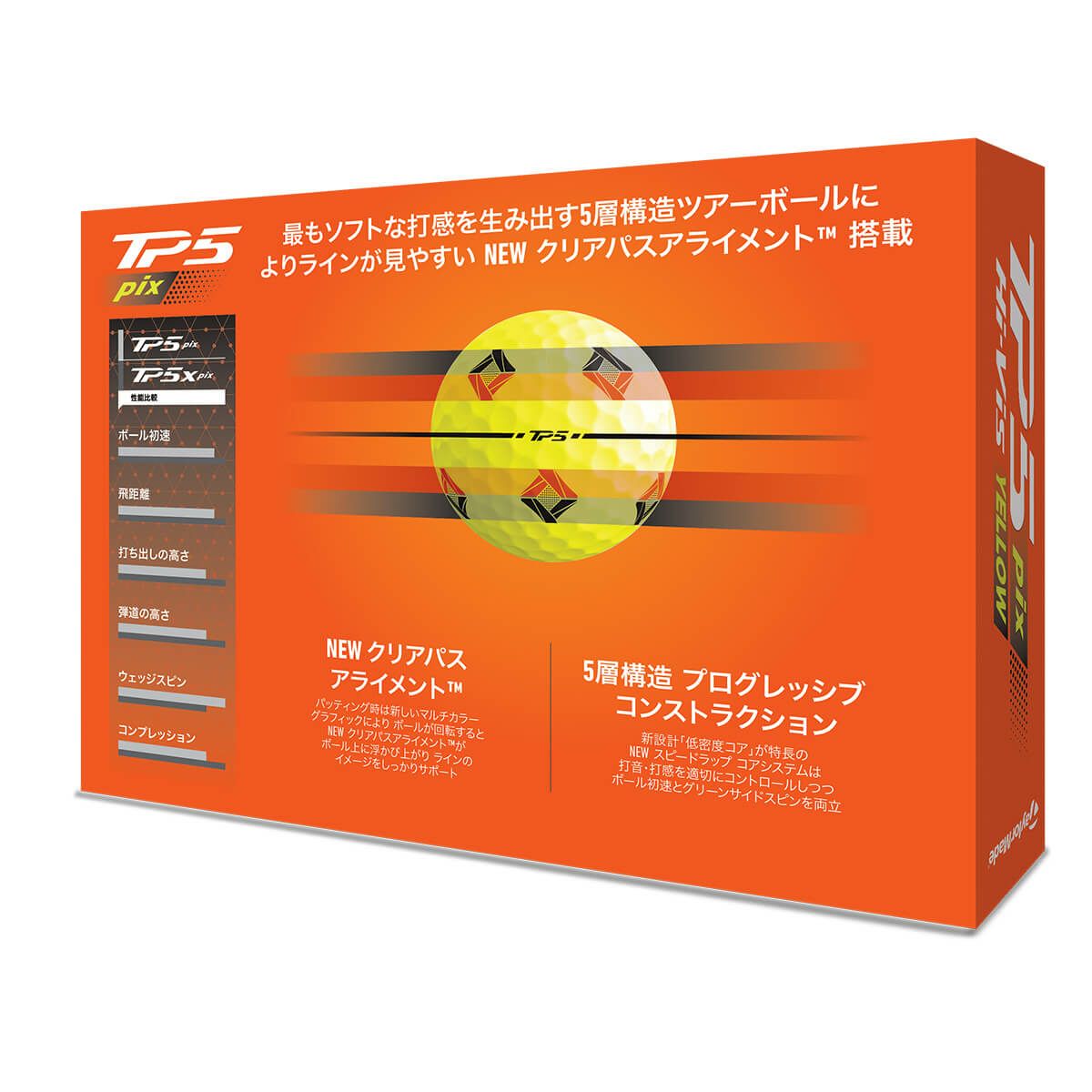 テーラーメイド　TP5 pix 2024年モデル ゴルフボール　1ダース（12球入り）　イエロー 詳細1