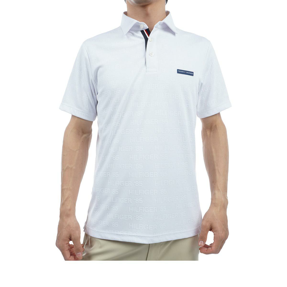 トミー ヒルフィガー ゴルフ　メンズ ロゴジャカード 総柄 半袖 ポロシャツ THMA413　2024年モデル ホワイト（00）