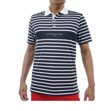トミー ヒルフィガー ゴルフ　メンズ 配色切替 胸ボーダー柄 半袖 ポロシャツ THMA422　2024年モデル ホワイト×ネイビー（91）