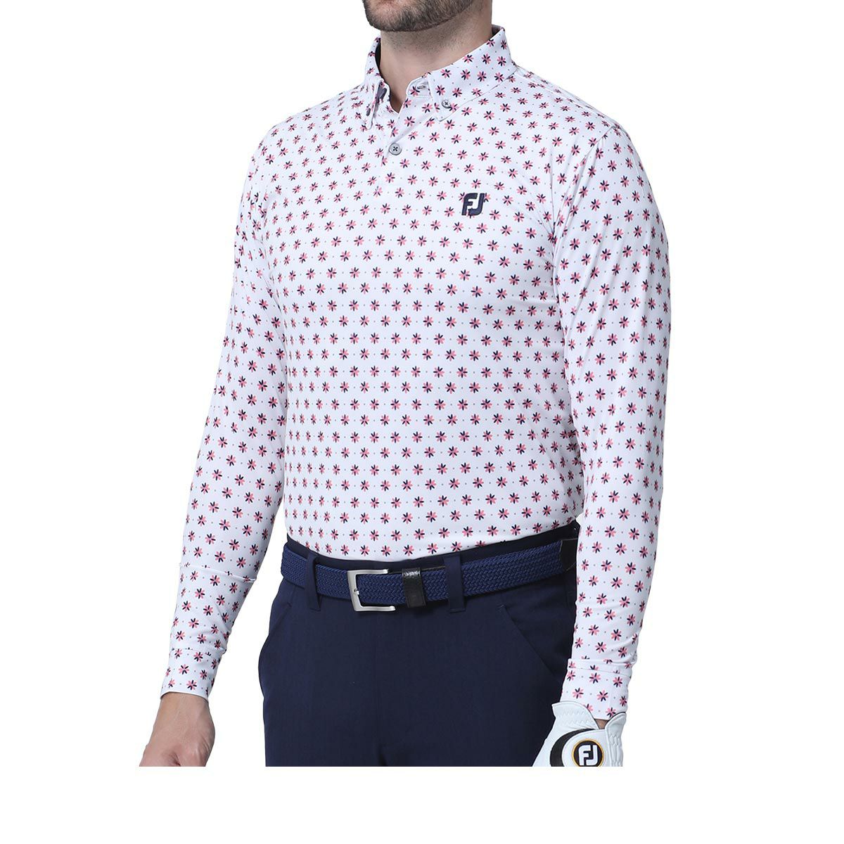 フットジョイ FootJoy　メンズ ロゴ刺繍 マルチカラー 総柄 フラワープリント 長袖 ボタンダウン ポロシャツ FJ-F23-S04　2023年モデル 詳細5