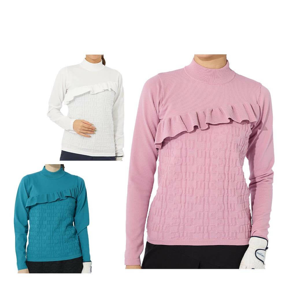 マリクレール marie claire　レディース フリル 切替デザイン ロゴジャカード 長袖 モックネック セーター 733-771　2023年モデル 詳細1