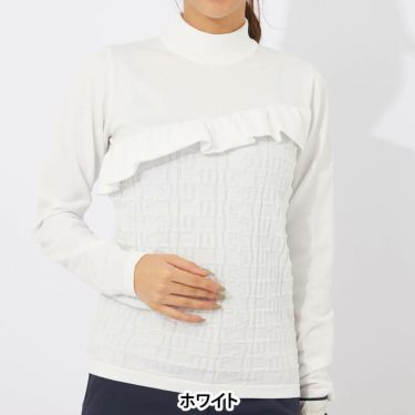 マリクレール marie claire　レディース フリル 切替デザイン ロゴジャカード 長袖 モックネック セーター 733-771　2023年モデル ホワイト（WT）