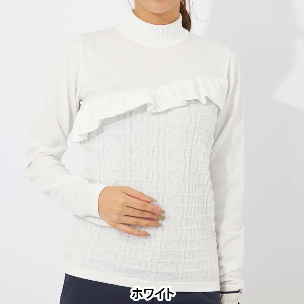 マリクレール marie claire　レディース フリル 切替デザイン ロゴジャカード 長袖 モックネック セーター 733-771　2023年モデル ホワイト（WT）