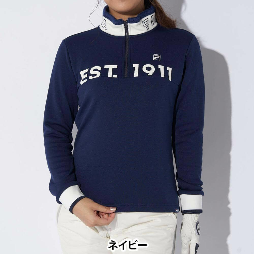 フィラ FILA　レディース 配色切替 裏起毛 ロゴプリント ストレッチ 長袖 ハーフジップシャツ 794-504　2024年モデル ネイビー（NV）
