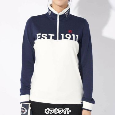 フィラ FILA　レディース 配色切替 裏起毛 ロゴプリント ストレッチ 長袖 ハーフジップシャツ 794-504　2024年モデル オフホワイト(OWT)