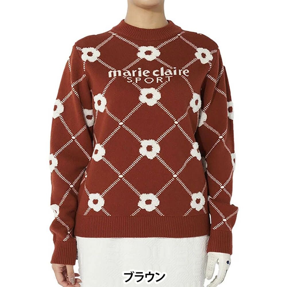 マリクレール marie claire　レディース ロゴジャガード 花柄 パイル編み 長袖 クルーネック セーター 734-721　2024年モデル ブラウン（BN）