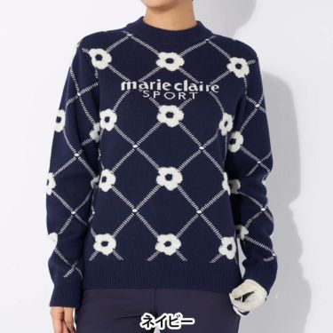 マリクレール marie claire　レディース ロゴジャガード 花柄 パイル編み 長袖 クルーネック セーター 734-721　2024年モデル ネイビー（NV）