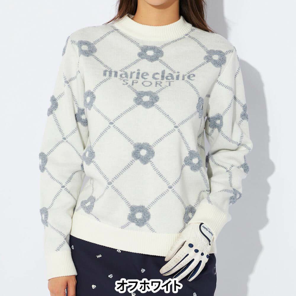 マリクレール marie claire　レディース ロゴジャガード 花柄 パイル編み 長袖 クルーネック セーター 734-721　2024年モデル オフホワイト（OWT）