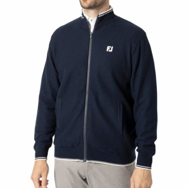 フットジョイ FootJoy　メンズ ヘリンボン柄 防風裏地 ストレッチ 長袖 フルジップ セーター FJ-F24-M12　2024年モデル ネイビー（32132）